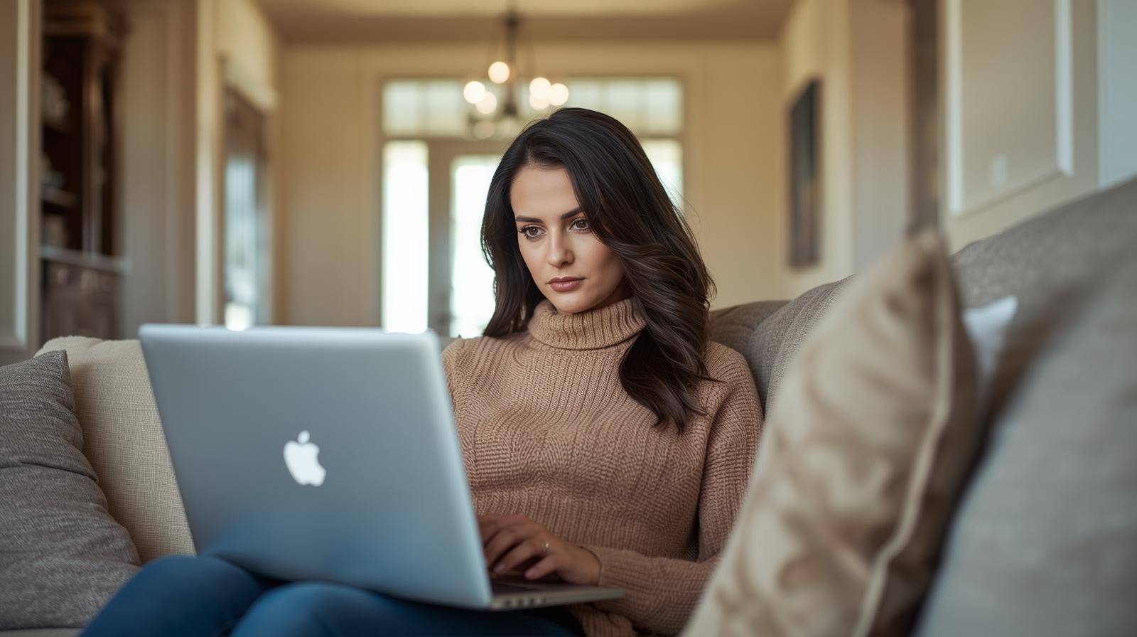 women work on laptop at home